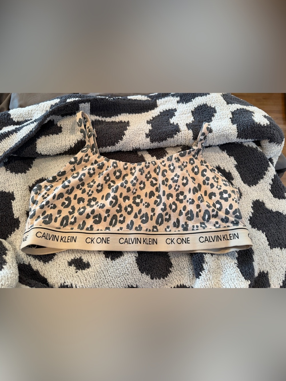 Calvin Klein Beige & Black Leopard Bralette with Logo Band